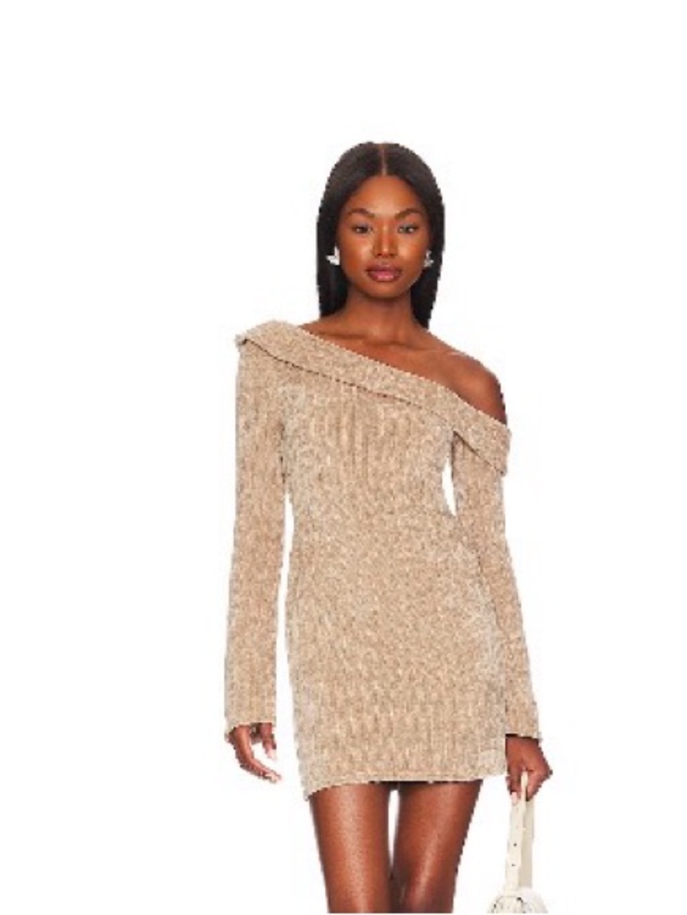 MAJORELLE Off-Shoulder Ribbed Knit Dress in Beige
